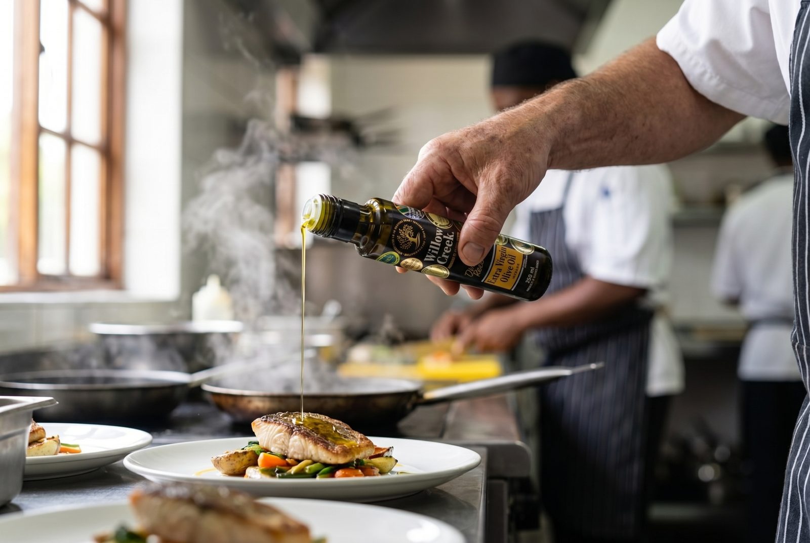 Chef drizzling Willow Creek Directors' Reserve over a plated dish
