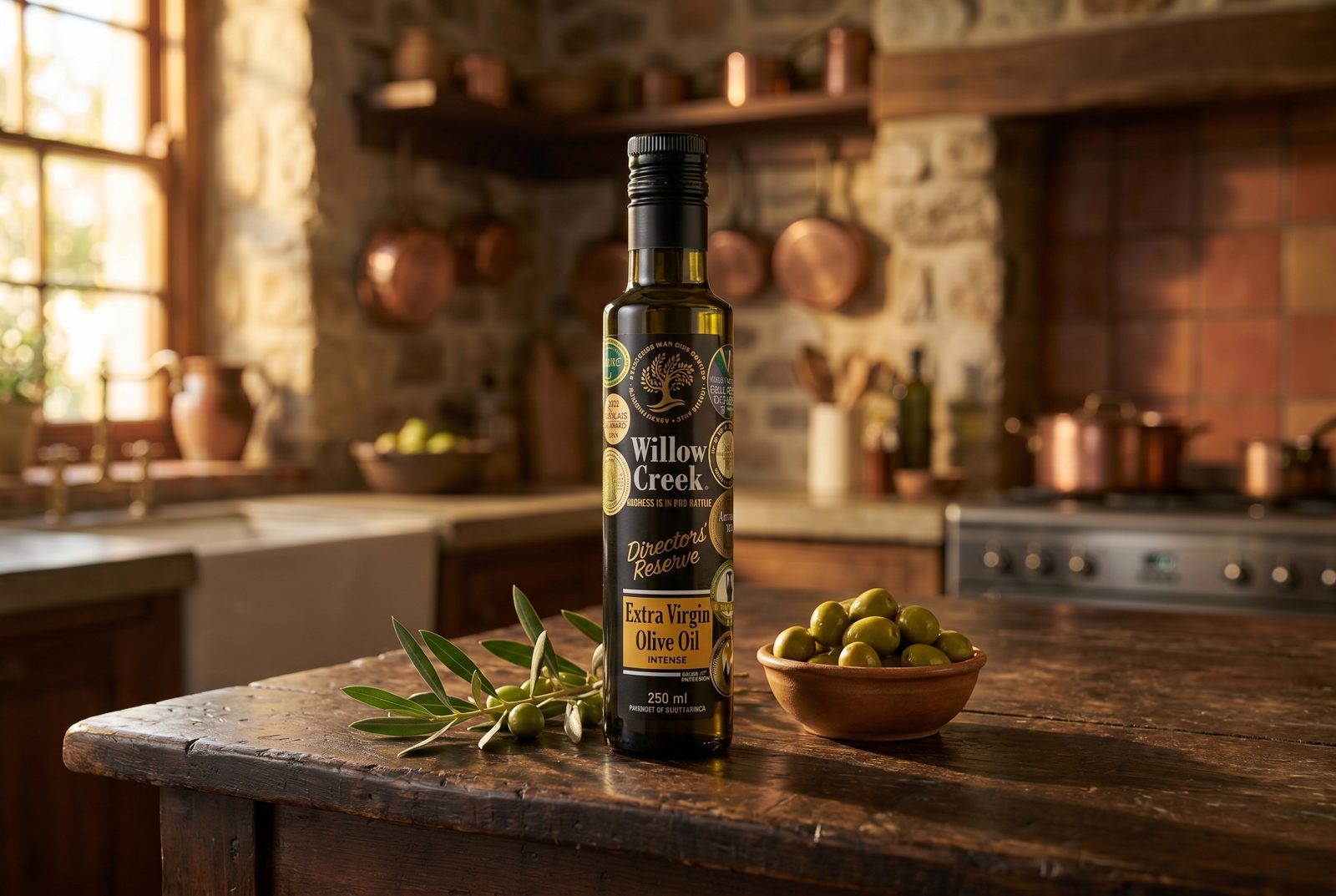 Willow Creek Directors' Reserve extra virgin olive oil in a warm farmhouse kitchen